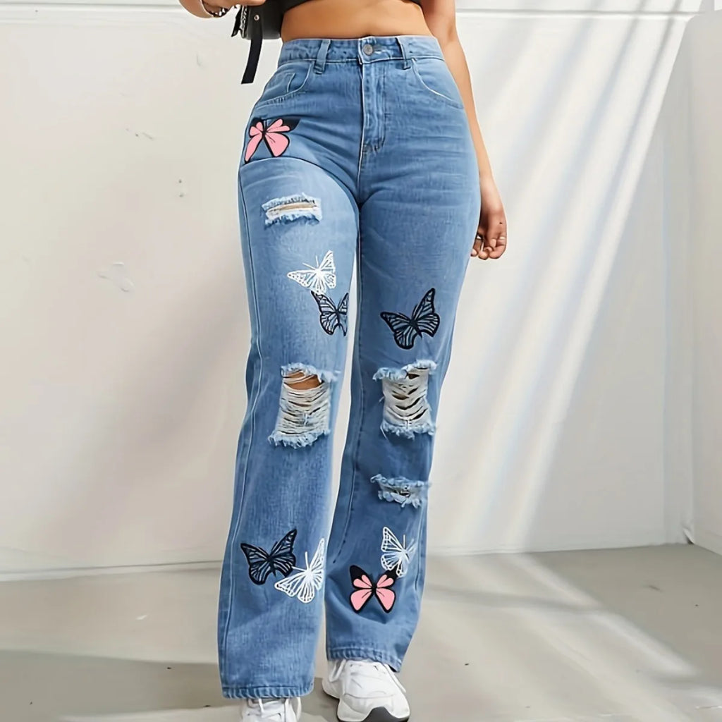 Butterfly Printing Denim Trousers Women Holes Jeans Straight Pants High Waist Loose Fit Vintage 2024 Casual Distressed Denims