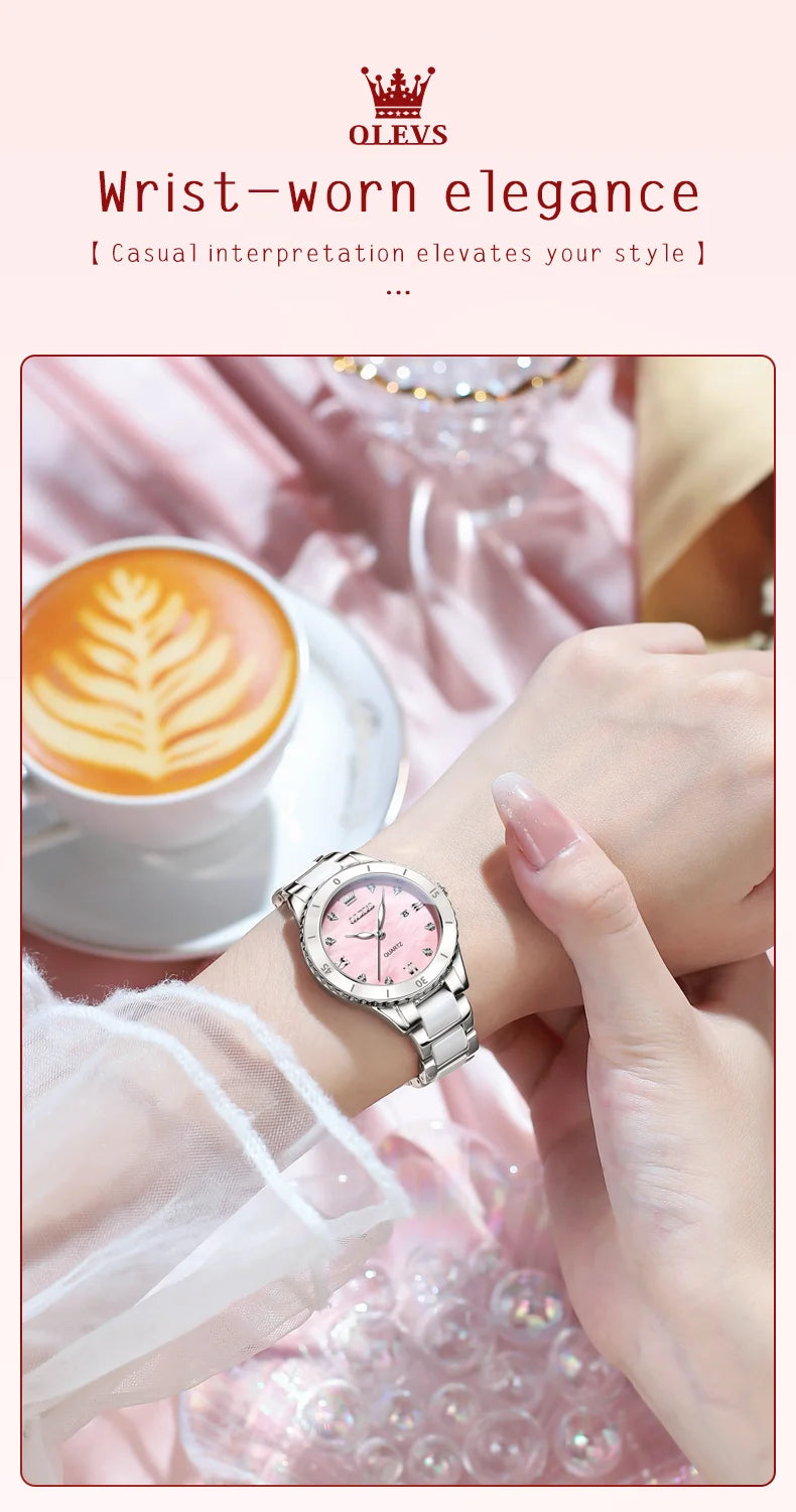 OLEVS Women Watch Diamond Roman Scale Waterproof Calendar Elegant Quartz Watches Ceramic Strap Luxury Original Girls Watch 9985