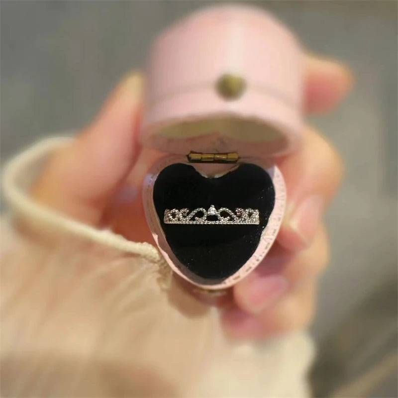 2023 New Fashion Korean Love Heart Pink Rhinestone Silver Color Open Ring for Women Shiny Luxury Adjustable Rings Jewelry Gifts
