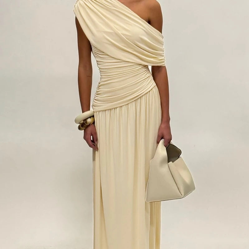 Hugcitar One Shoulder Ruched Sleeveless Solid Pleated Sexy Irregular Y2K Maxi Dress Summer Elegant Party Women Clothes Vacation