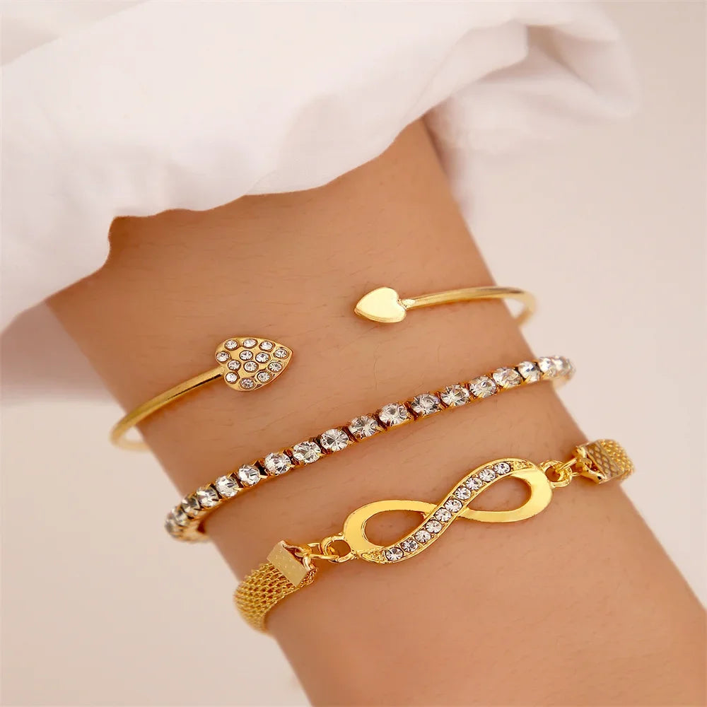 Vintage Infinity Heart Crystal Rhinestone Bracelet Set for Women Female Gold Color Metal Adjustable Bracelets Fashion Jewelry