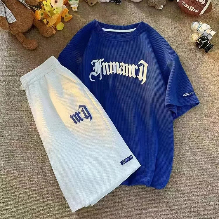 Cross-border Waffle Casual Summer Ice Silk Short-sleeved Sports Clothes Set Men's T-shirt Men's Clothing Set Matching