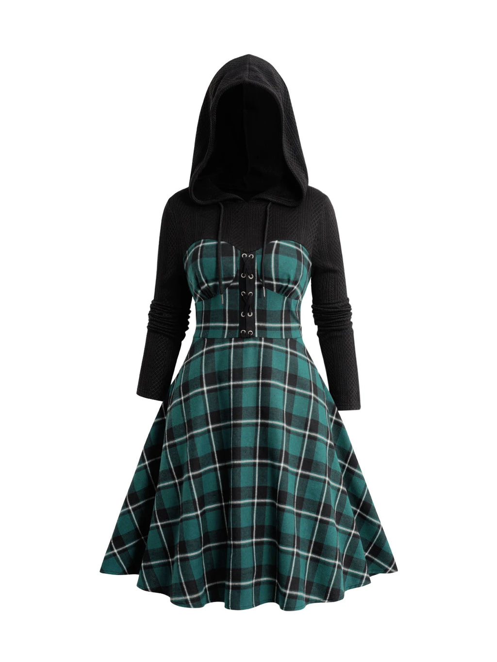Dressfo 2024 Womens Christmas Dress Plaid Print Drawstring Grommet Buckle Textured Colorblock Hooded Long Sleeve Dress