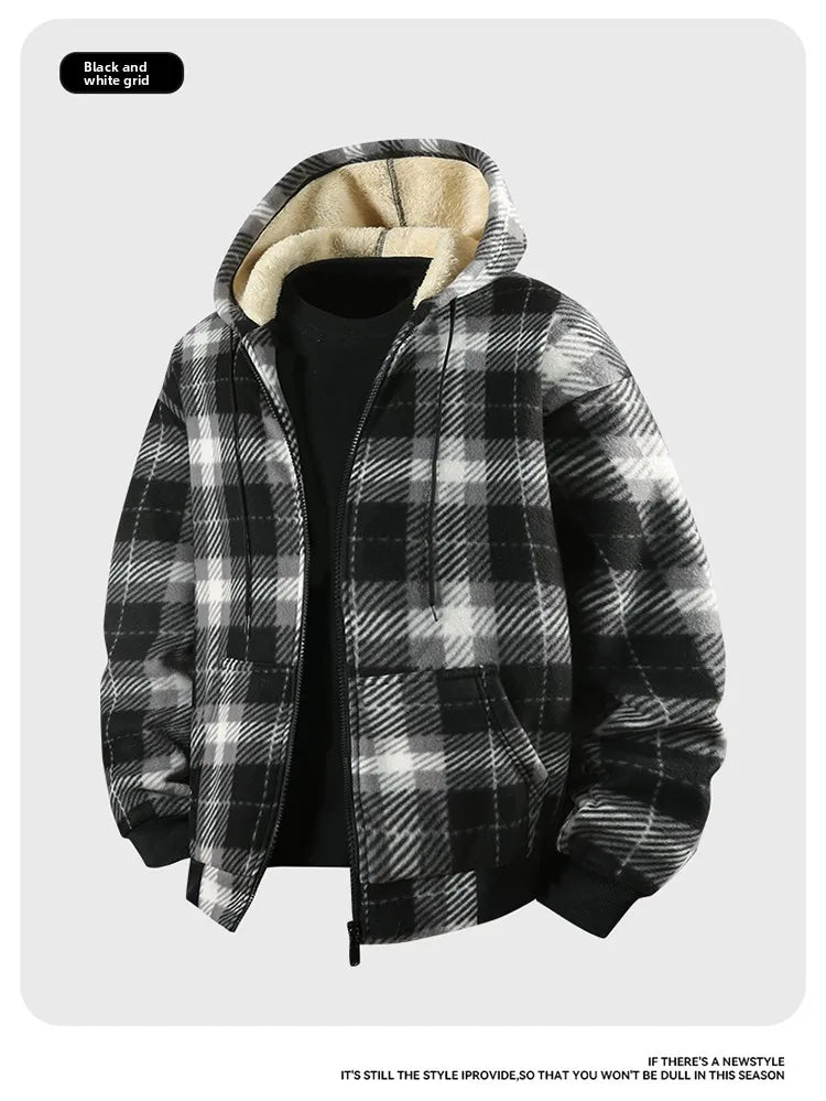 Men's New Plaid Hooded Jacket Sweater Autumn/Winter Fleece Coat Thickened Warm Casual Clothing Windproof Outerwear