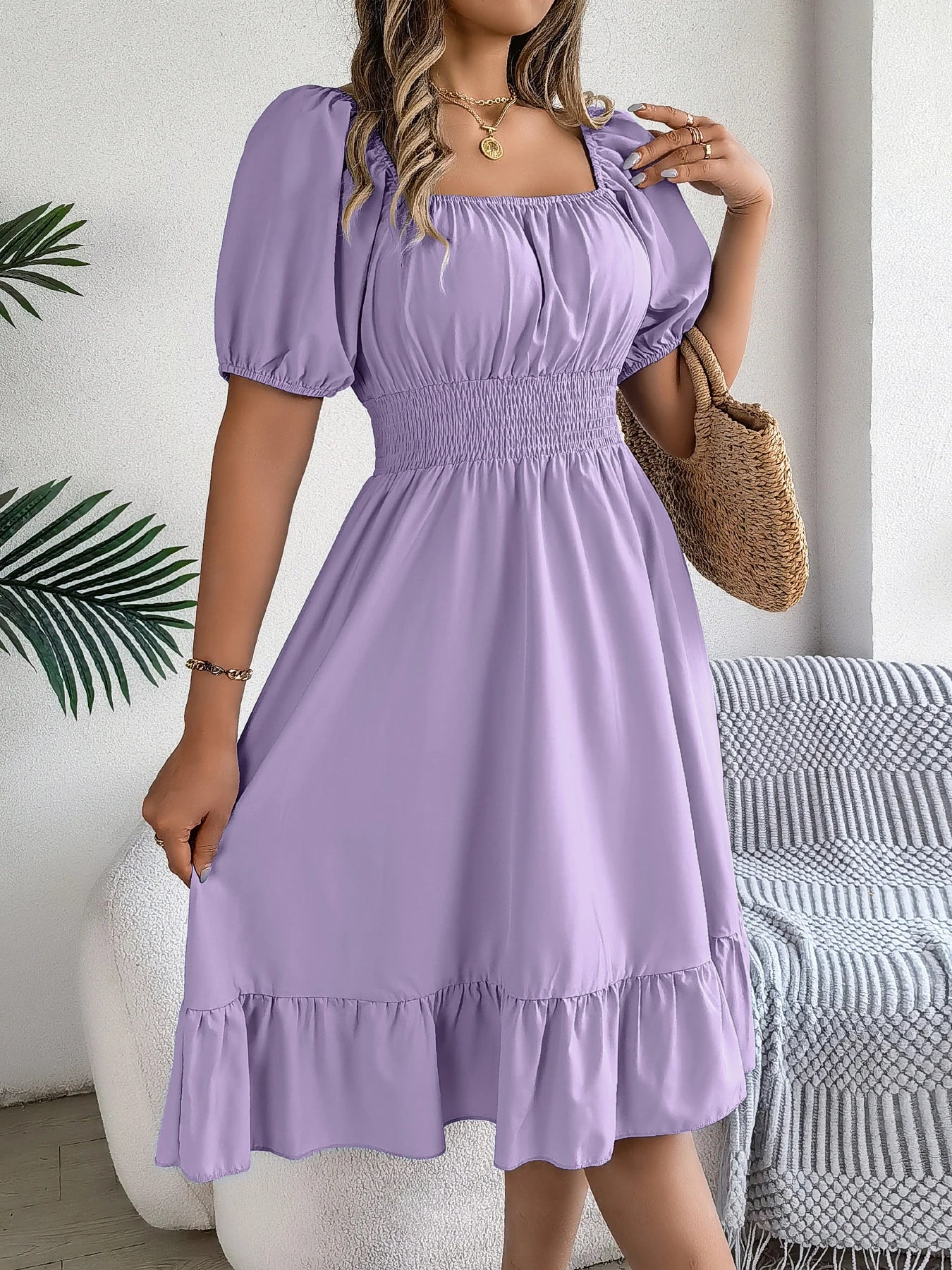 Spring Summer Elegant High Waisted Dress Square Neck Short Sleeved Ruffled Edge Long Dresses for Women 2026 Valentine's Day