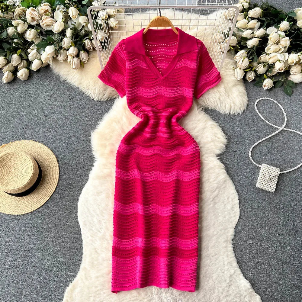 Short Sleeves Striped Long Dress Lapel Neck Hollow Out Slim Bodycon Sundress Fashion Hotsweet Knitted Beach Midi Dress
