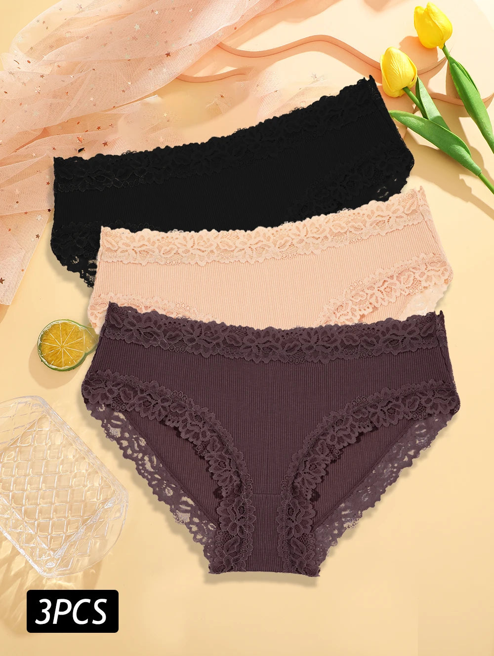 3PCS/Set Sexy Lace Cotton Panties for Women Flroal Lace Seamless Briefs Low Rise Lingerie Female Breathable Soft Underwear S-XL
