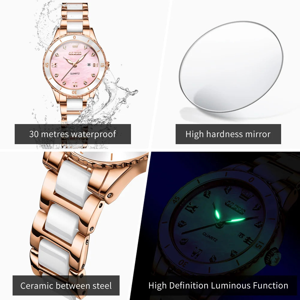 OLEVS Women Watch Diamond Roman Scale Waterproof Calendar Elegant Quartz Watches Ceramic Strap Luxury Original Girls Watch 9985