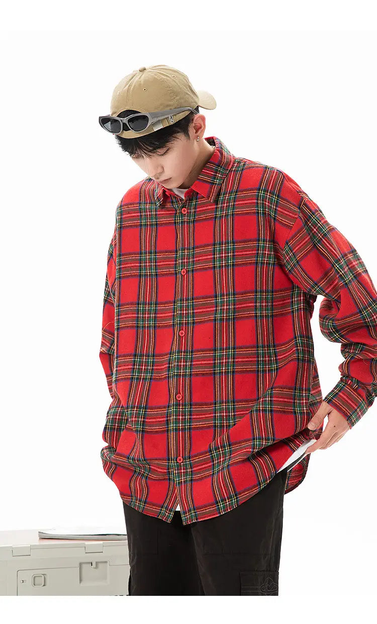 Plaid Shirt with Long Sleeves, Loose Fit, for Casual Men, Harajuku Style, Spring and Autumn Brushed Cotton Shirt.Oversized