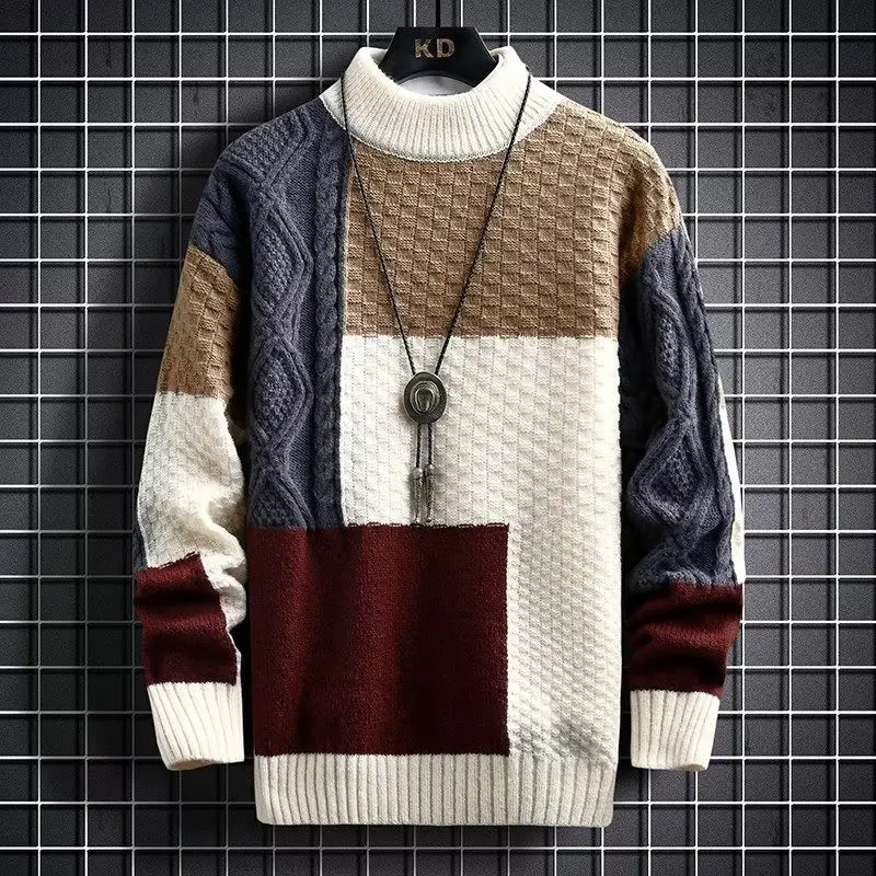 Retro Spliced Thickened round Neck Sweater for Men Loose Fit Knitted Winter Fashion Casual Cotton Polyester Blend Knitwear
