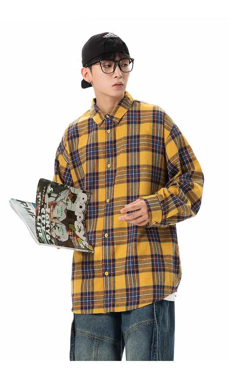 Plaid Shirt with Long Sleeves, Loose Fit, for Casual Men, Harajuku Style, Spring and Autumn Brushed Cotton Shirt.Oversized
