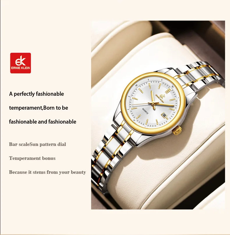 ERNIE KLEIN Women’s Watch Luxury Gold Watch OriginalDate Week Stainless Steel Waterproof Luminous Elegant Dress Ladies' Watches