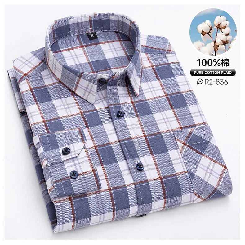 Pure Cotton Men's Plaid Shirts Long Sleeved Regular Fit Casual Office Fashion Shirts Leisure Autumn Male Check Blouses Plus Size