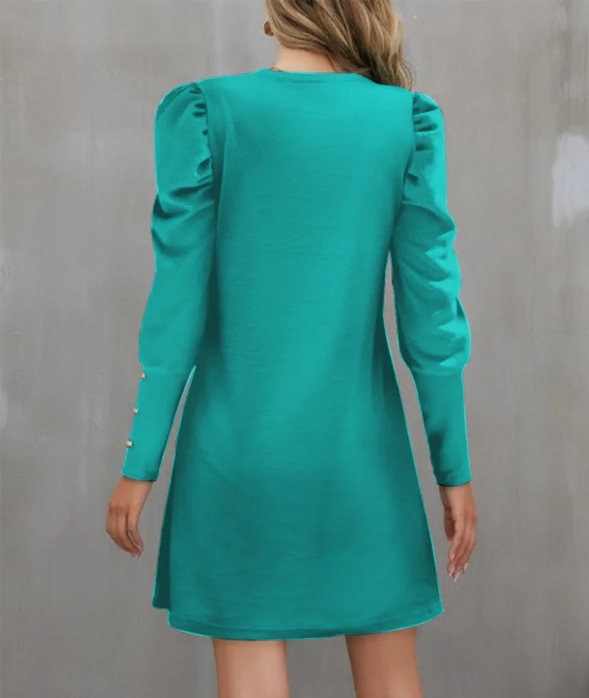 2025 Spring and Autumn New Round Neck Bubble Sleeve Button Decorative Long Sleeve Dress