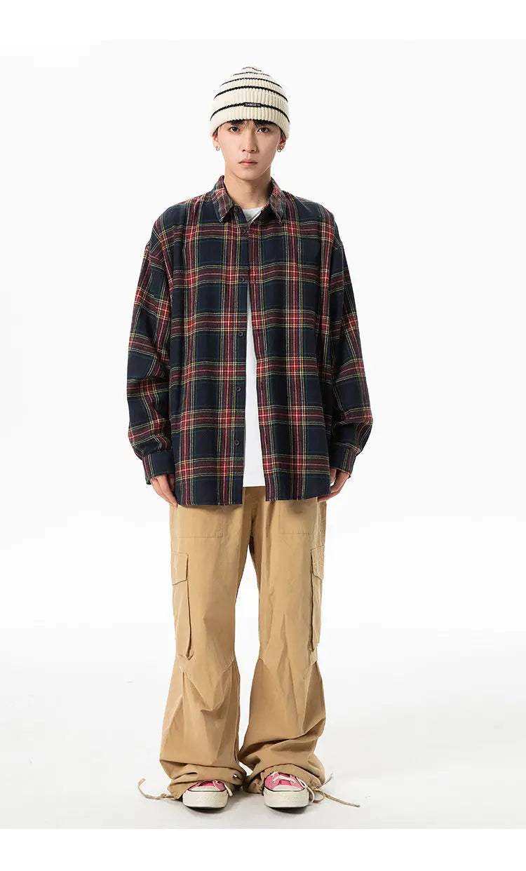 Plaid Shirt with Long Sleeves, Loose Fit, for Casual Men, Harajuku Style, Spring and Autumn Brushed Cotton Shirt.Oversized
