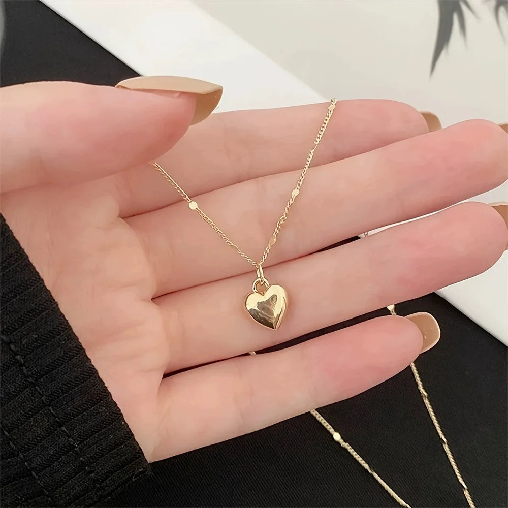 Simple Love Heart Pendant Necklace Golden Silver Color Trendy Office Lady Link Chain Neck Jewelry Gift for Friend Fashion