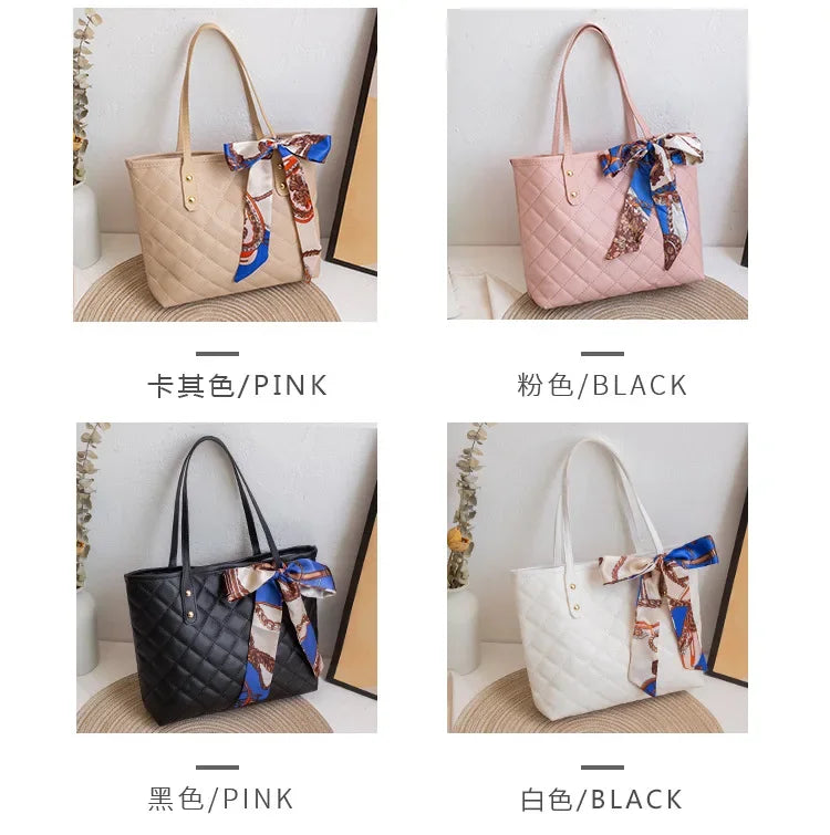 Embroidered Women's Handbag PU Leather Large Capacity Bucket Bag Fashion Beach Tote with Silk Scarf Gift Elegant Daily Use Purse