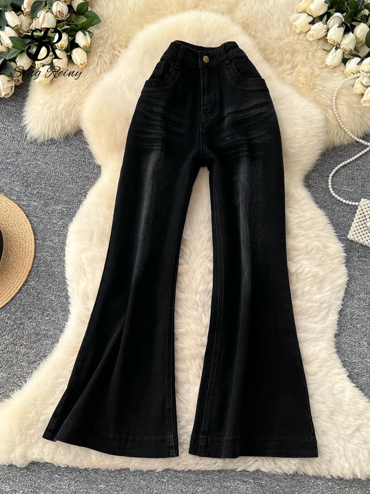 SINGREINY Female Do Old Vintage Jeans Zipper Casual Trendy Street Long Pants Chic High Waist Classic Versatile Boot Cut Trousers
