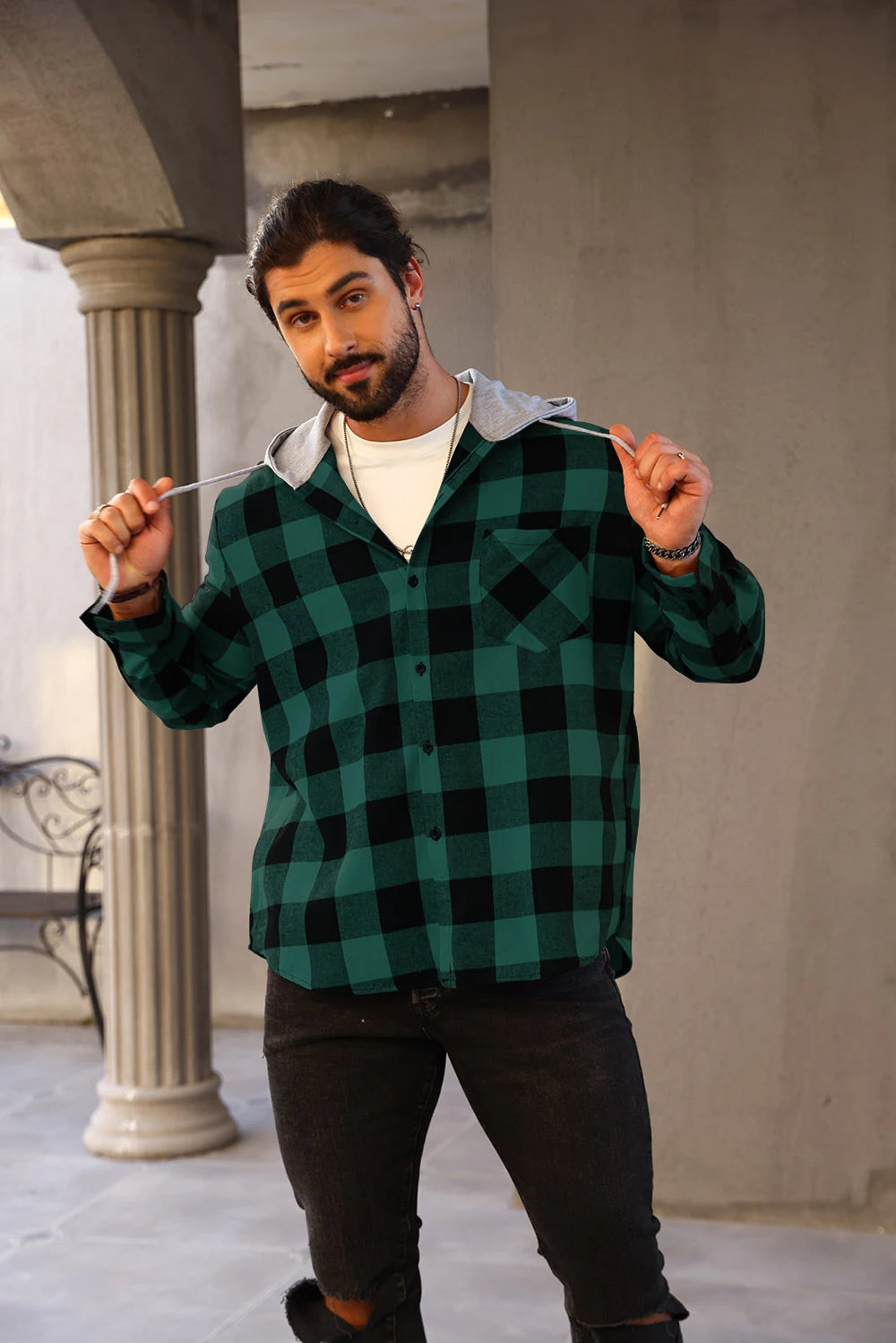 Mens Colorful Plaid Hooded Cardigan Color Block Sweatshirt with Pockets Top Jacket