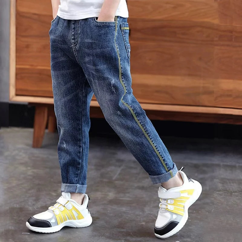 DIIMUU 4-11 Years Boys Clothes Slim Straight Jeans Young Pants Kids Baby Children Denim Clothing Trousers Elastic Waist Bottoms