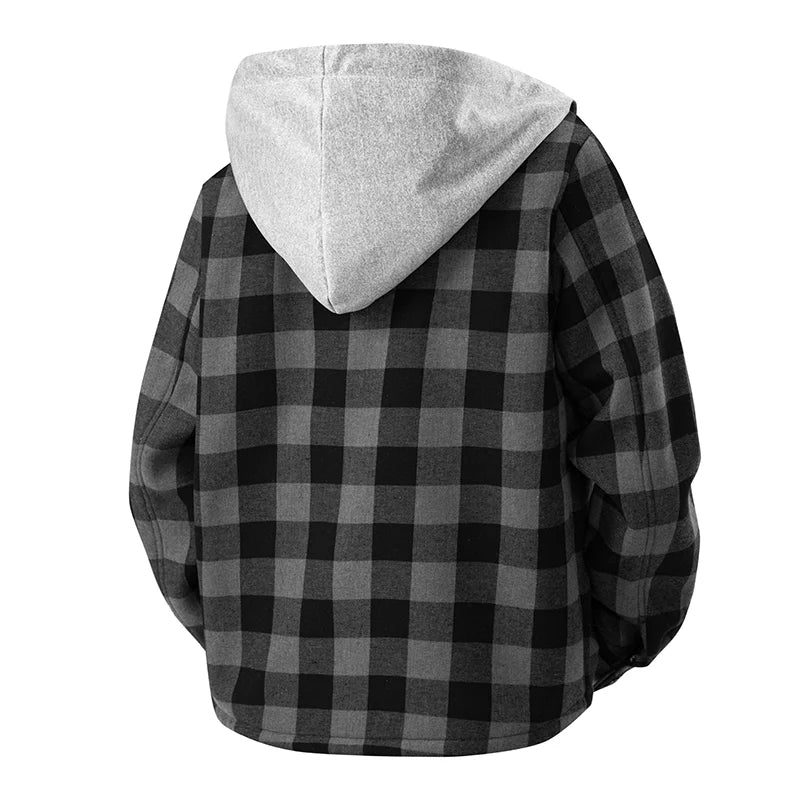 Plaid hooded contrasting color long sleeve zipper pocket cardigan men's casual stylish jacket top