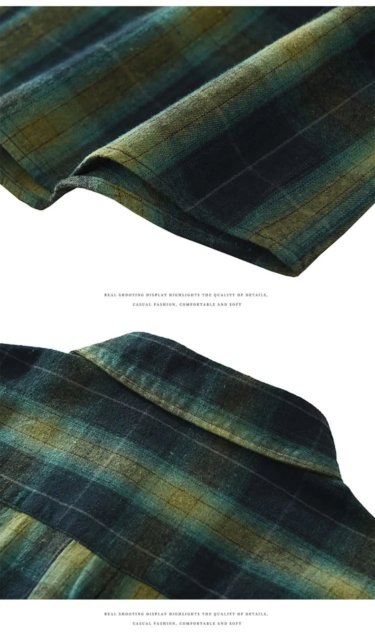 Oversized 100% Cotton Men's Plaid Shirt, Japanese Casual Style, Green Coffee Check Camping Fishing
