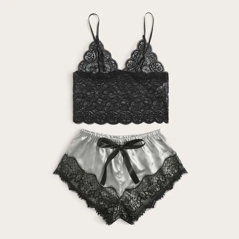 Women's 2 Piece Sexy Lace Pajama Set See-through Bralette Cami Top And Shorts Breathable Sleepwear Plus Size Summer Lingerie