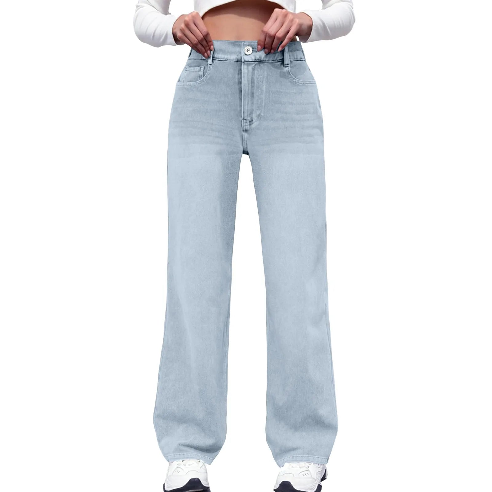 New Y2K Washed Blue Straight Loose Fit High Waist Hole Trousers Pants Women's Jeans Fashion Personality To Do Old Denim