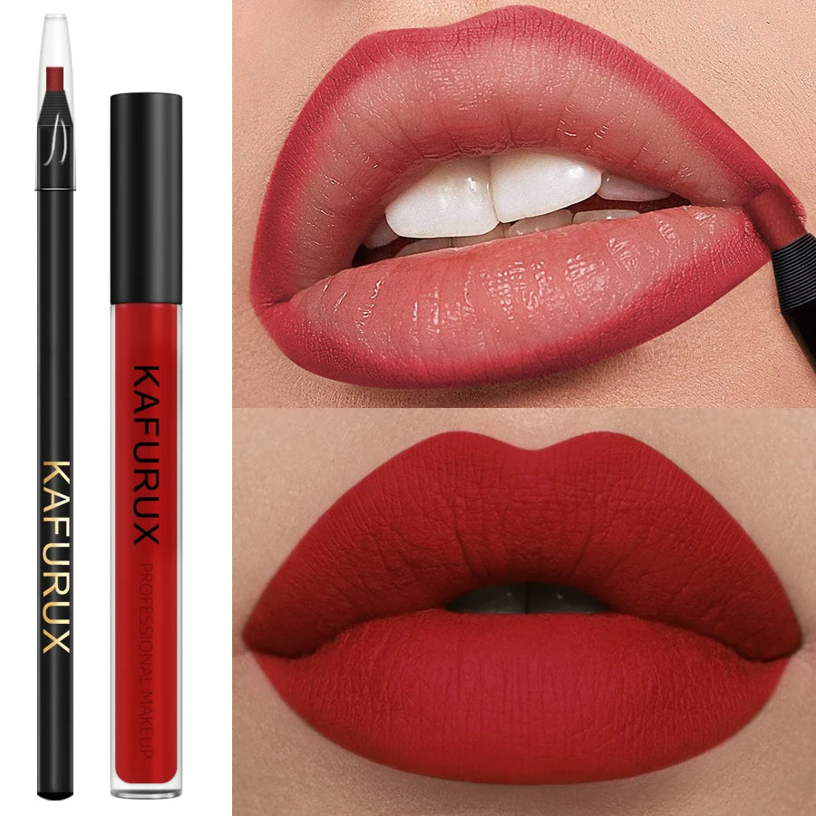 2PCS Sexy Red Lip Liner Pen and Matte Lip Glaze Set Liquid Lipstick Korean Makeup Gifts Lip Gloss High Pigment Lip Tint Cosmetic