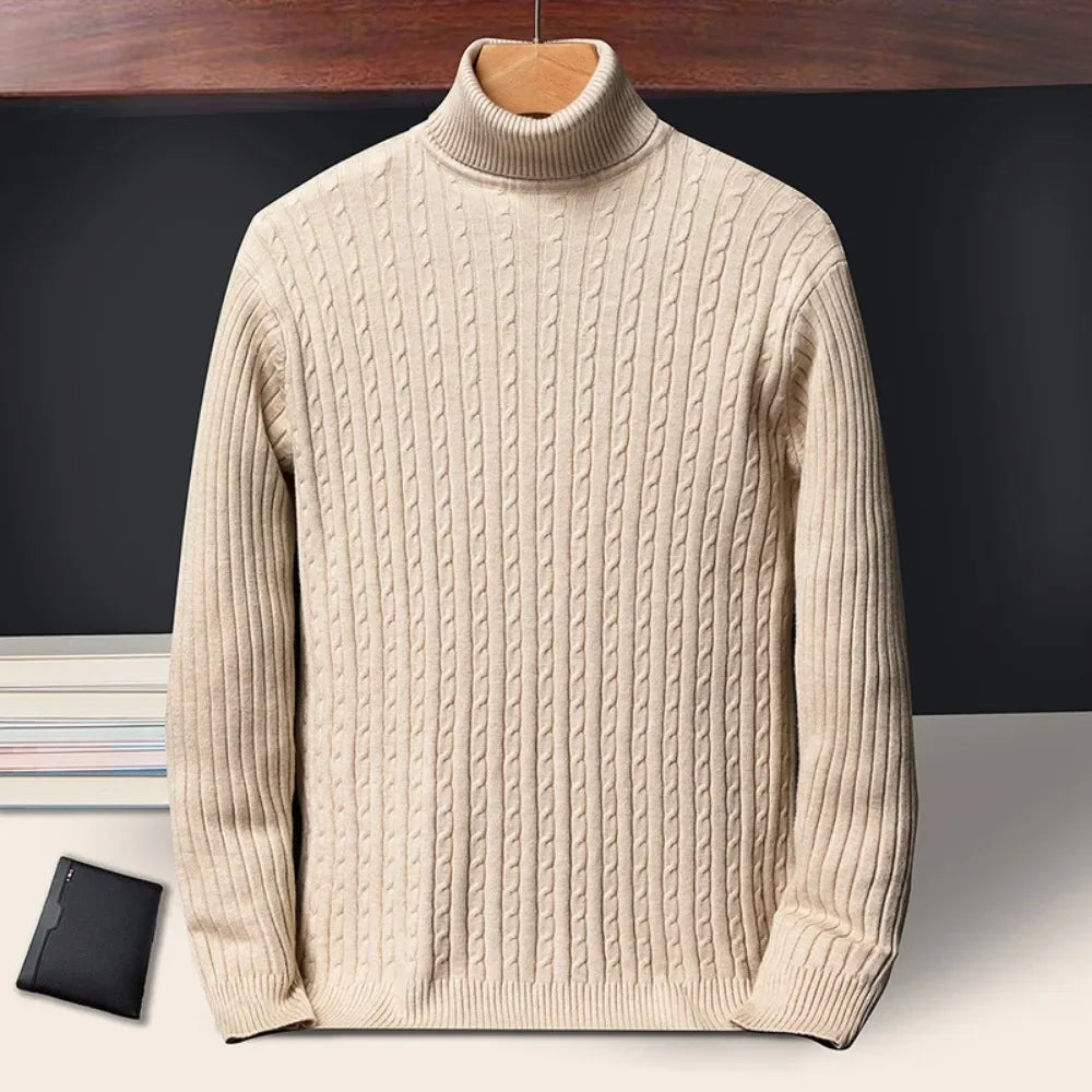 New Men's Turtleneck Sweaters Autumn Knitted Striped Streetwear Warm Long Sleeved Pullover Solid Color Basic Style Casual Tops