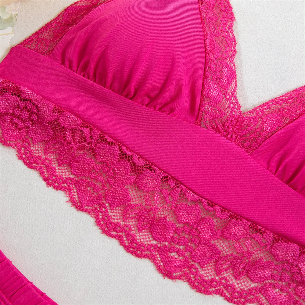 Sexy Lace Splicing Lingeries Sets Woman V Neck Spaghetti Strap Satin Bra And Shorts Pajama Set Casual Home Sleepwear Set