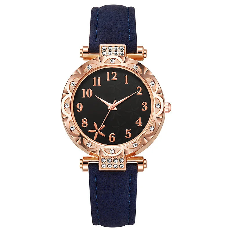 Fashion Sunflower Dial Watch Rose Gold Women's Starfish Quartz Watch Leather Strap Temperament Water Diamond