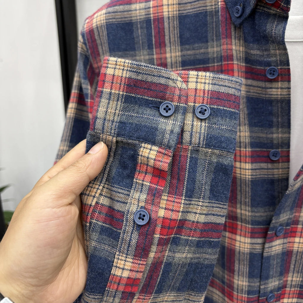 100Cotton High Quality Men's Lapel Contrast Plaid Long Sleeve Shirt Autumn New Matted Breathable Fashion Casual Trend Menswear