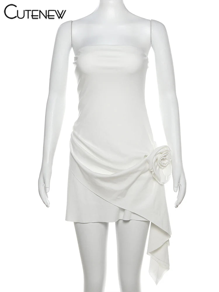 Nibber Floral Solid Mini Dress Women Basic Trend Birthday Party Chic Irregular Strapless Cross Sheath Vestidos Concise Clothing