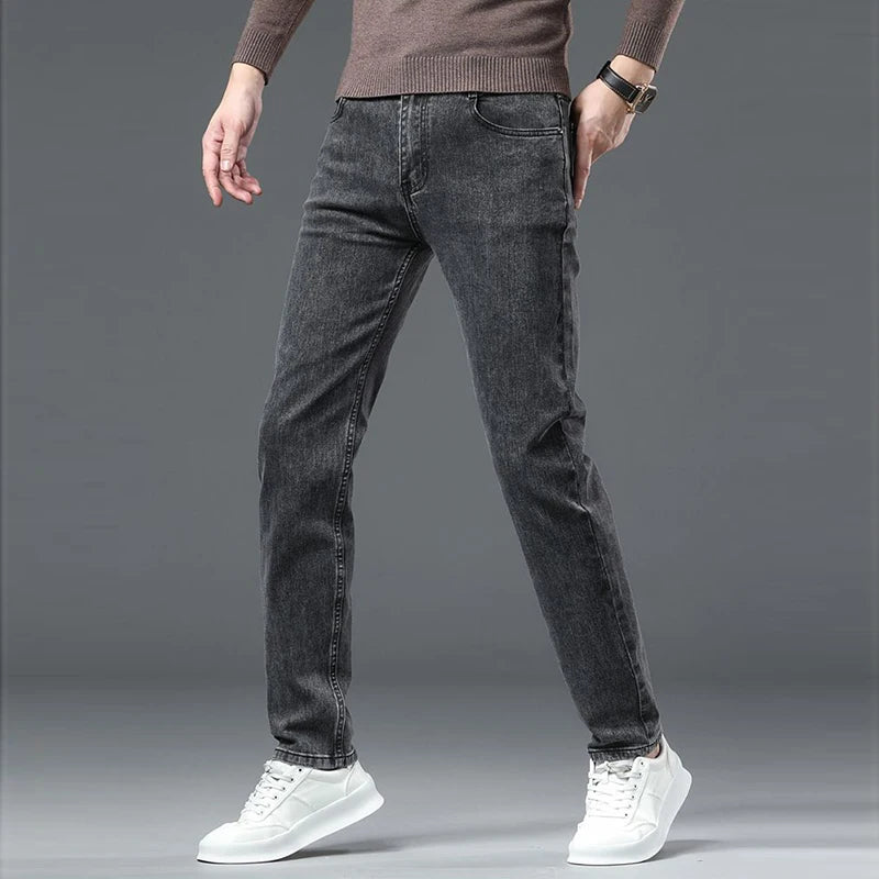 Amekaji Men Fashion  Slim Fit Jeans Male Elasticity Smart Casual Mid Classics Straight Denim Pants Wedding Party Black Trousers