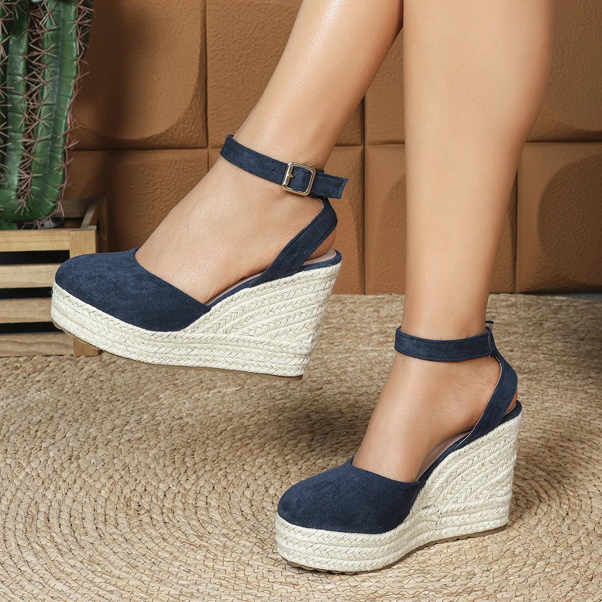 LIHUAMAO suede heel sandals wedges espadrilles shoes platform sandals Women casual mule shoes outdoor thick outsole weave rope