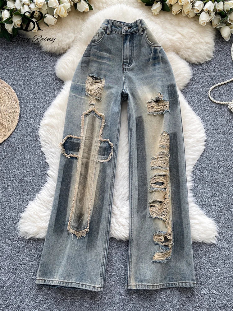 SINGREINY Autumn Vintage Denim Long Pants Female High Waist Hole Design Hotsweet Trousers Streetwear Patchwork Wide Legs Jeans