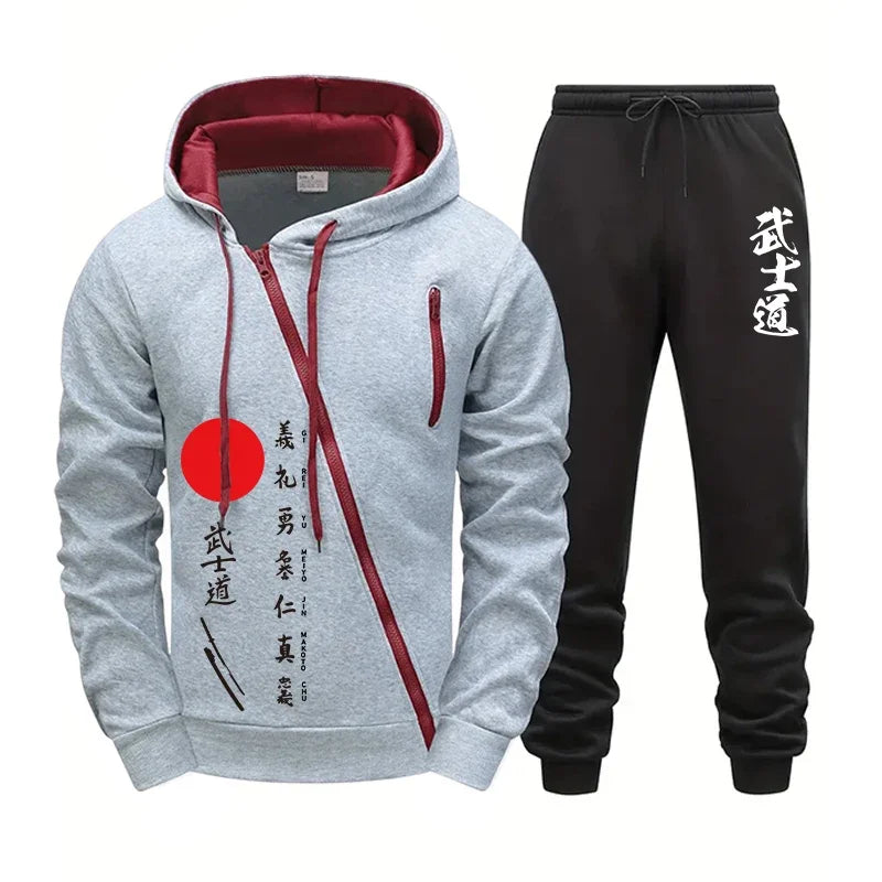 2025 New Arrival Men's Bushido Print Hoodie Sweatpants High Quality Male Outdoor Casual Sport Jogging Suit Motorcycle Zip Outfit
