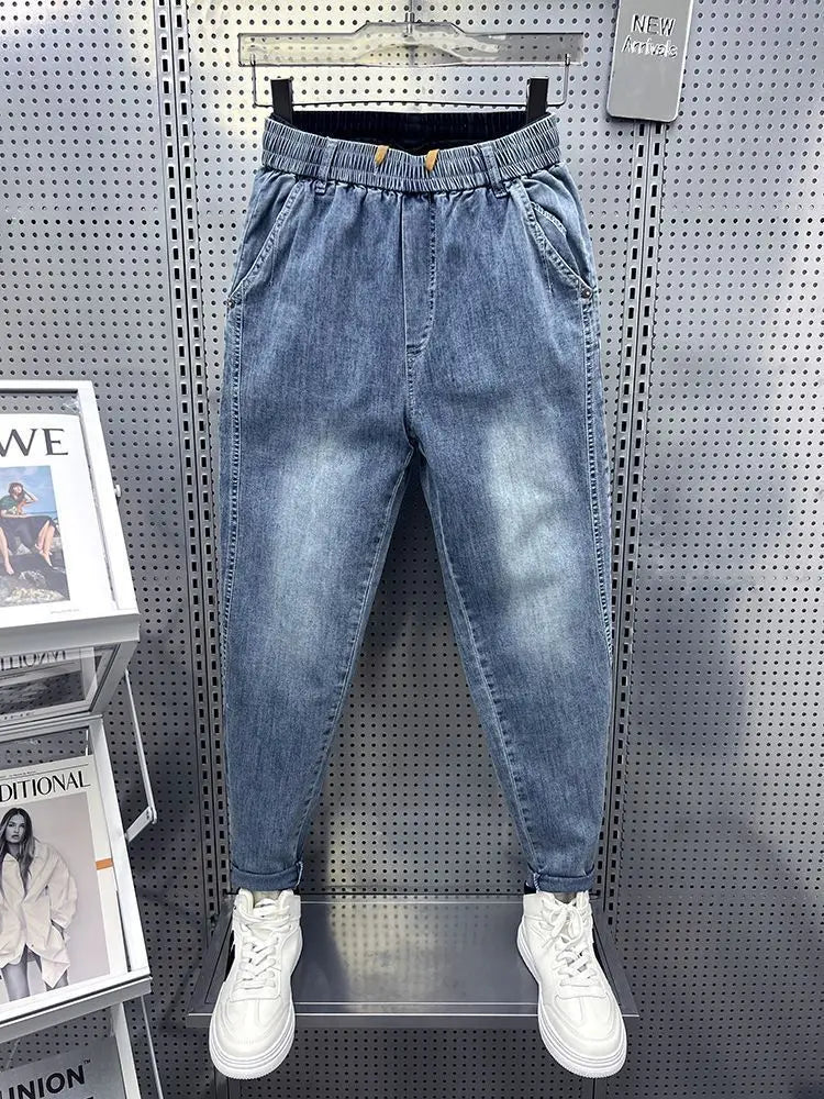 New Men's Loose Harem Jeans Elastic Waistband Slim Straight Leg Pants for Spring Autumn Low Rise Bottom Person Denim Trousers