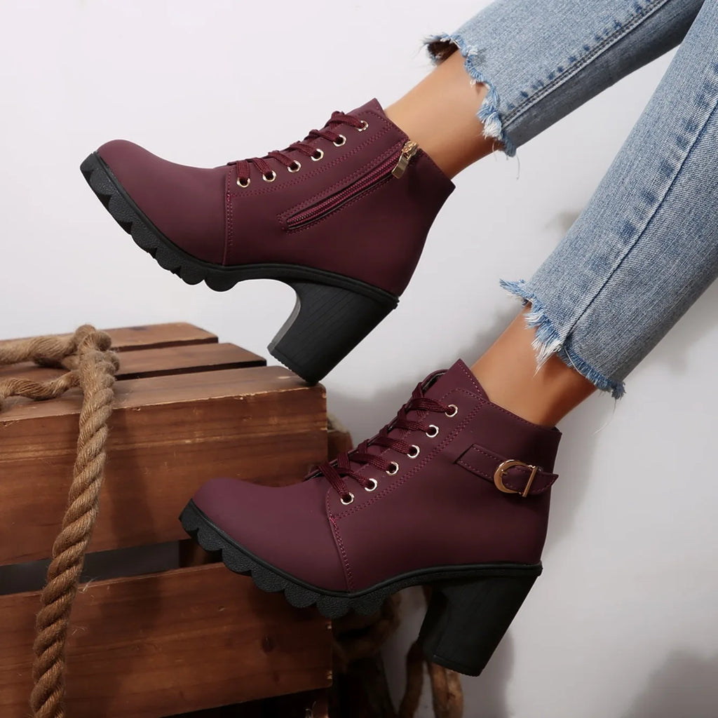 2025 Women High Heel Ankle Boots Autumn Lace Up Comfortable Short Boots Retro Fashion New Trend Lady Shoes Women Botas De Mujer