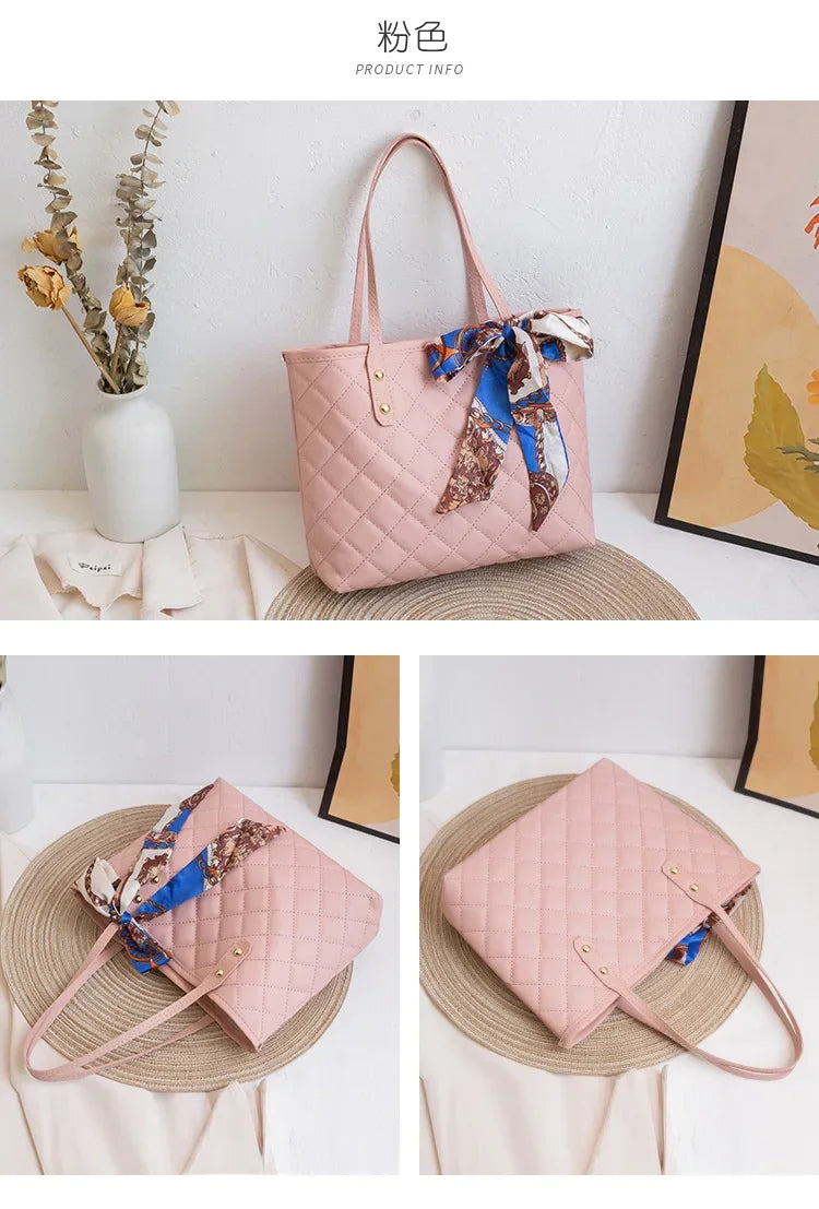 Embroidered Women's Handbag PU Leather Large Capacity Bucket Bag Fashion Beach Tote with Silk Scarf Gift Elegant Daily Use Purse