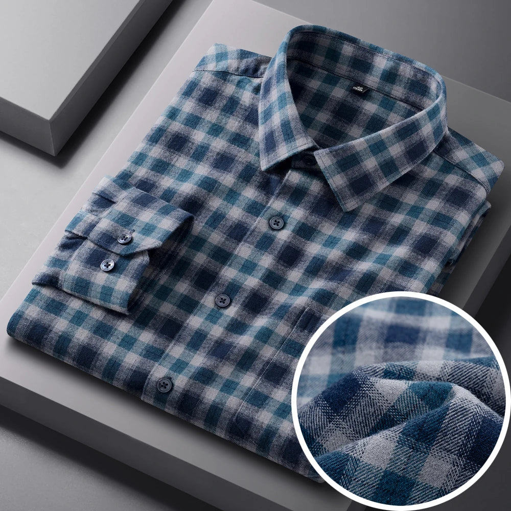 Vintage Men's Flannel Shirts with Pocket Long Sleeve Brushed Shirt for Men Warm Casual Soft Cotton 100% Button Down Plaid Shirt