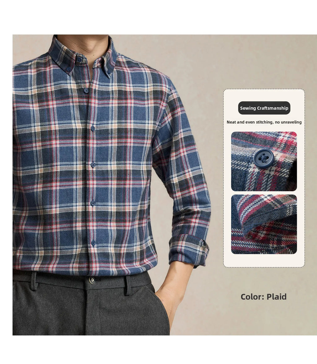 Men's Plaid Long Sleeve Shirt Fleece Finish Casual Style High End Feeling Autumn Winter Collection Fashionable Youth Urban Wear