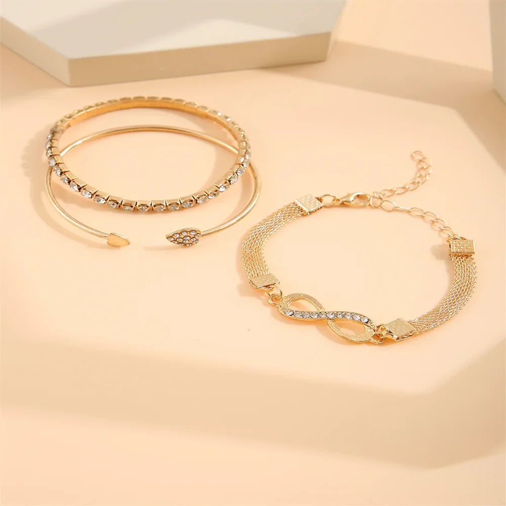 Vintage Infinity Heart Crystal Rhinestone Bracelet Set for Women Female Gold Color Metal Adjustable Bracelets Fashion Jewelry