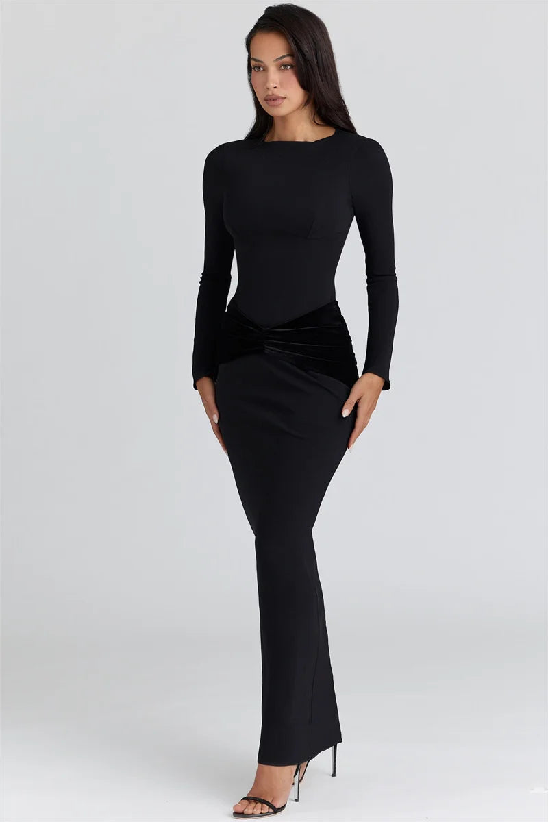 Mozision Long Sleeve High Waist Ruched Sexy Maxi Dress Women Gown Elegant Black Patchwork O Neck Bodycon Club Party Long Dress