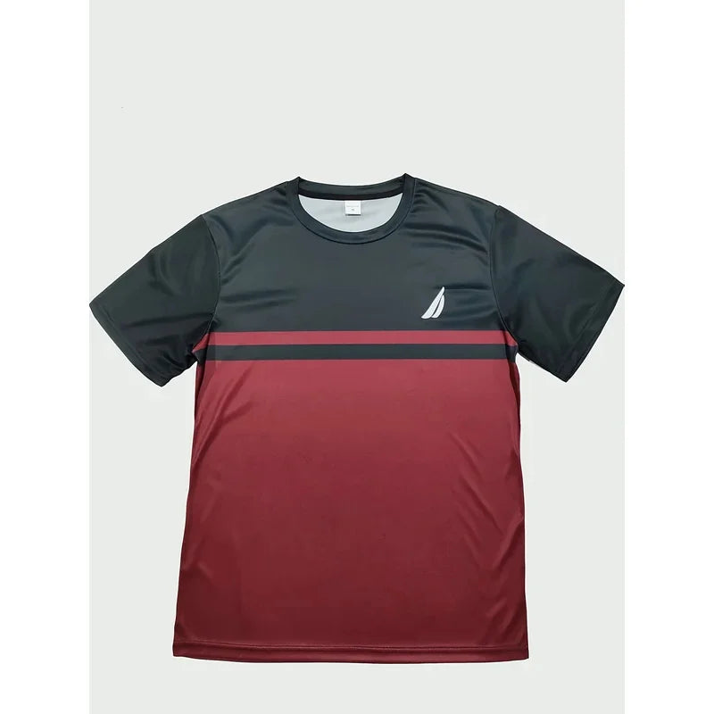 New 3D round-neck men's T-shirt, made of casual polyester knitted fabric, elastic and light, regular fit, striped pattern