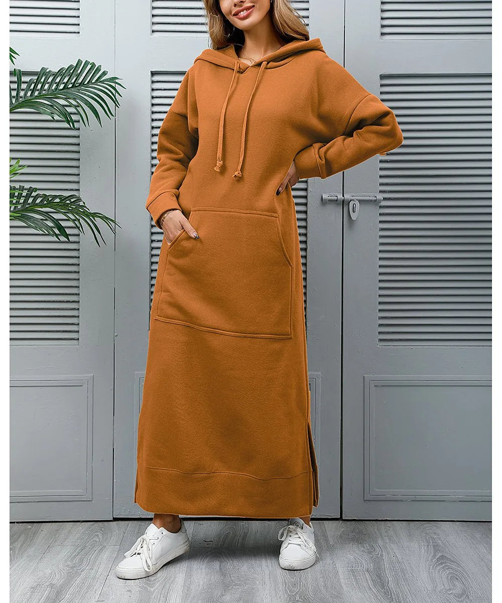Autumn Winter New plus Size Loose Knitted Long Dress Hoodie Fleece Casual Fashion Dress Large Pocket Skirt Elegant Commute