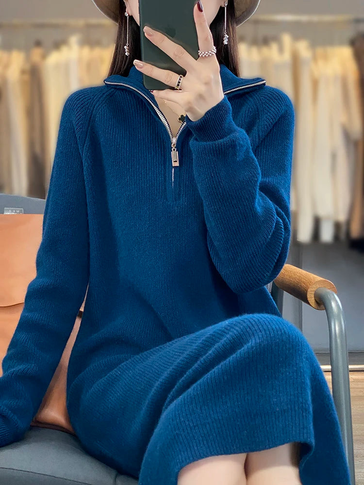 Thick Zipper Mock Neck Chic Elegant Soft Warm Striped Basic Comfort Women's  One-piece Dress 100% Merino Wool Exquisite Sweater