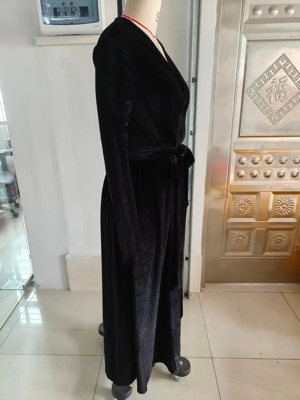 Elegant Women's German Velvet Long Sleeve Dress Autumn Winter New Slim Fit Fashion Waist Tie Female Bridesmaid Long Pocket Dress