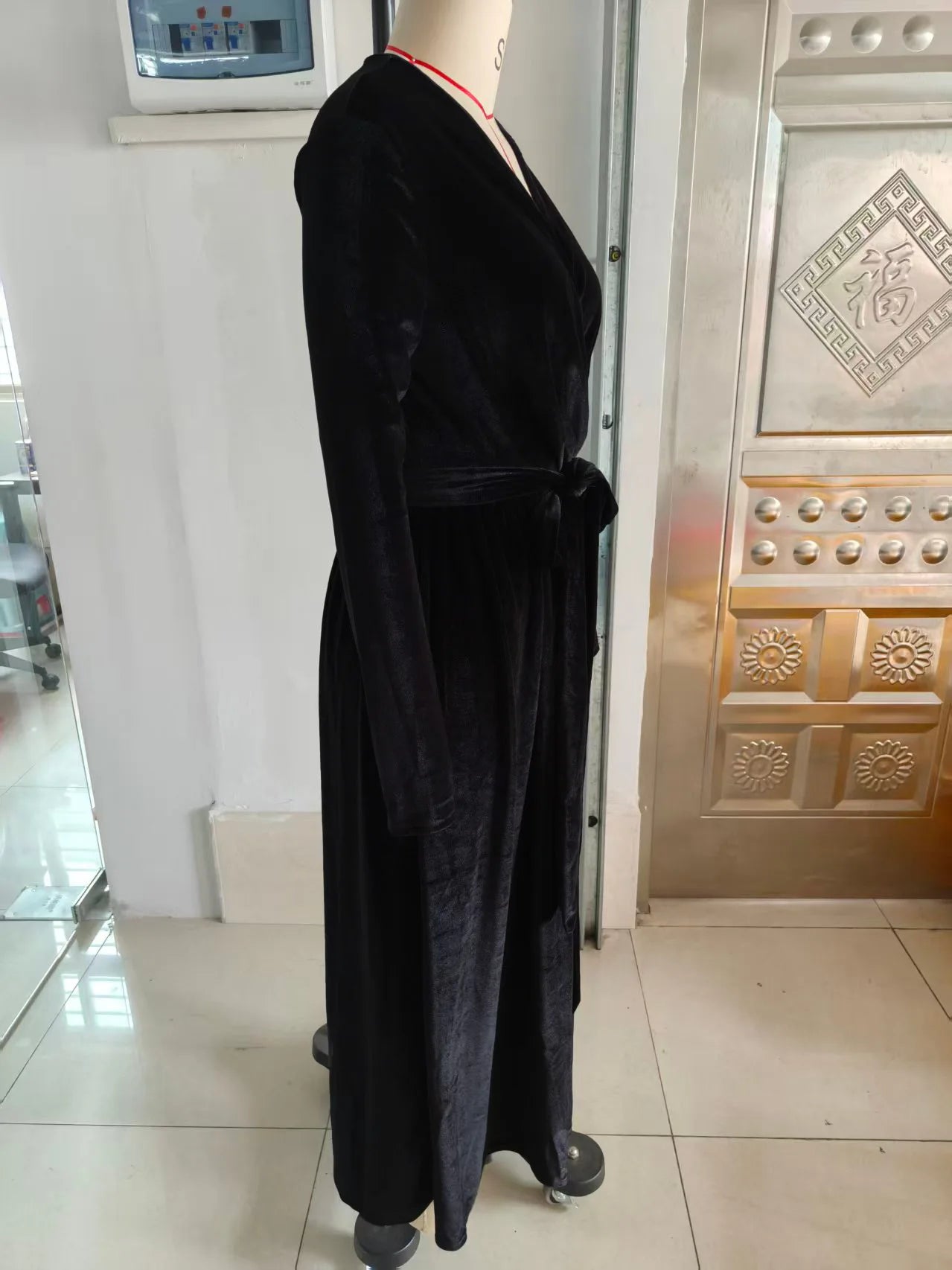 Elegant Women's German Velvet Long Sleeve Dress Autumn Winter New Slim Fit Fashion Waist Tie Female Bridesmaid Long Pocket Dress